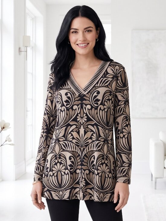 Chico's Tops - Chico's Size 3 XL Black Beige Paisley Scroll V-Neck Long Sleeve Tunic Top